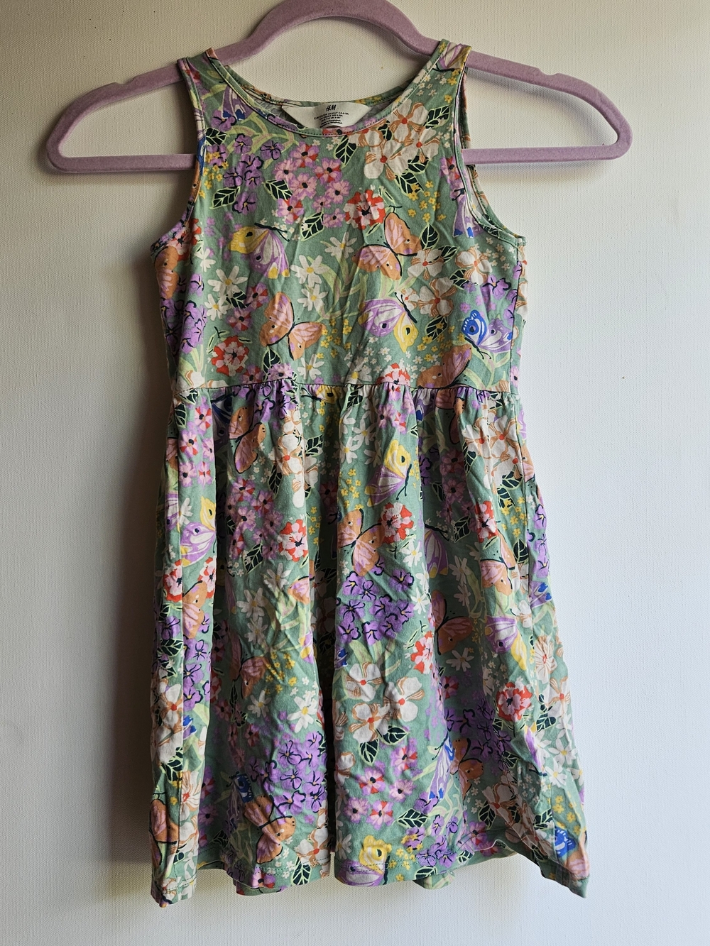 H&M Girls Butterfly Floral Dress Size 6-7 Sage Green Garden
